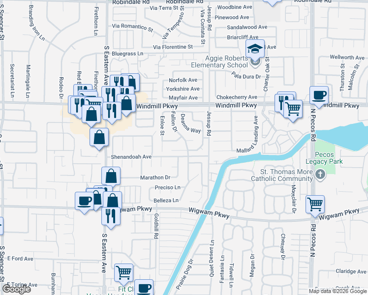 map of restaurants, bars, coffee shops, grocery stores, and more near 155 Fallon Drive in Henderson