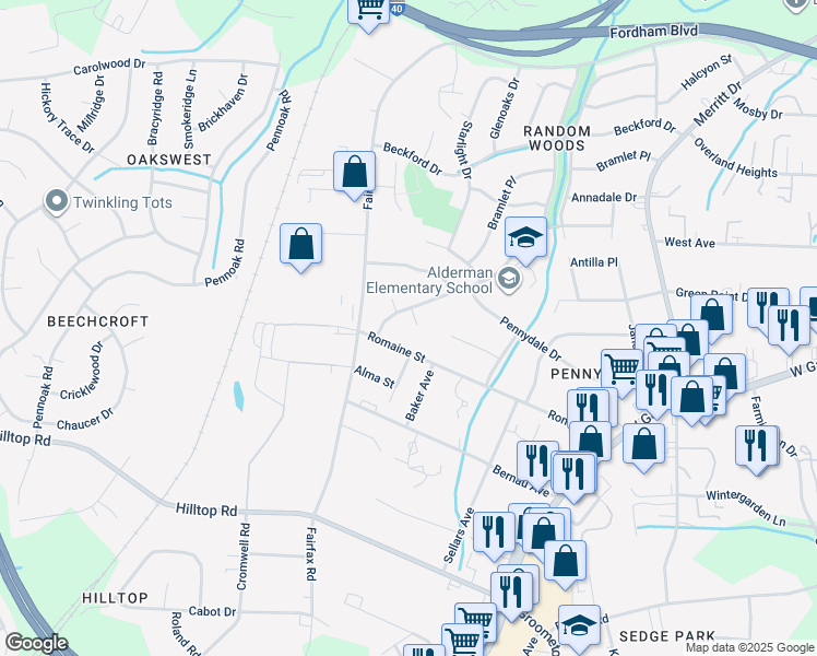map of restaurants, bars, coffee shops, grocery stores, and more near 5 Chateau Court in Greensboro