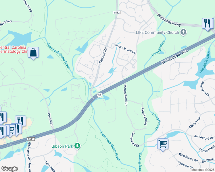 map of restaurants, bars, coffee shops, grocery stores, and more near 4320 Cedarcroft Court in Greensboro
