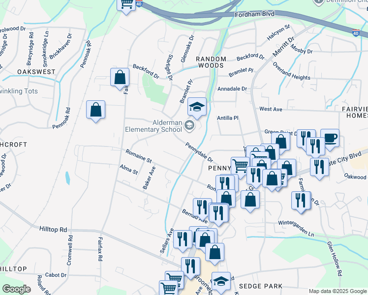 map of restaurants, bars, coffee shops, grocery stores, and more near 4405 Pennydale Drive in Greensboro