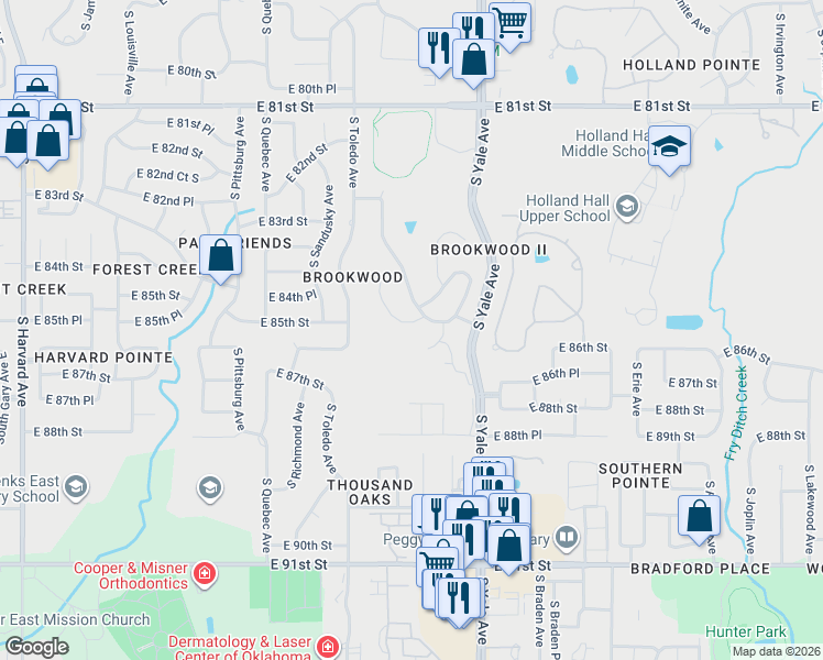 map of restaurants, bars, coffee shops, grocery stores, and more near 4548 East 85th Street in Tulsa