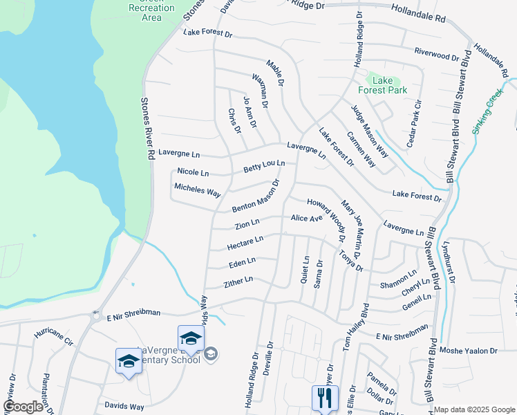 map of restaurants, bars, coffee shops, grocery stores, and more near 1127 Benton Mason Drive in La Vergne