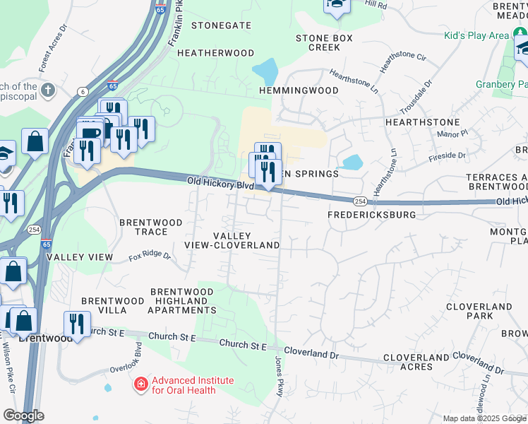 map of restaurants, bars, coffee shops, grocery stores, and more near 5601 Cloverland Drive in Brentwood