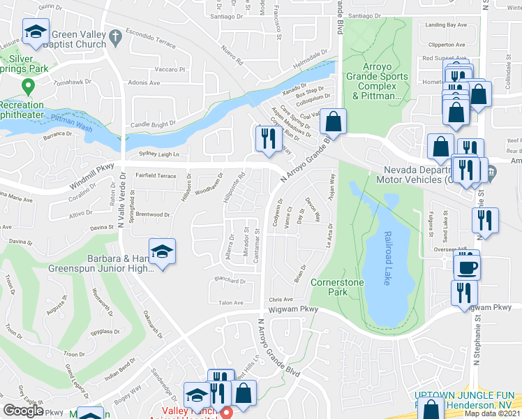 map of restaurants, bars, coffee shops, grocery stores, and more near 1851 Hillpointe Road in Henderson