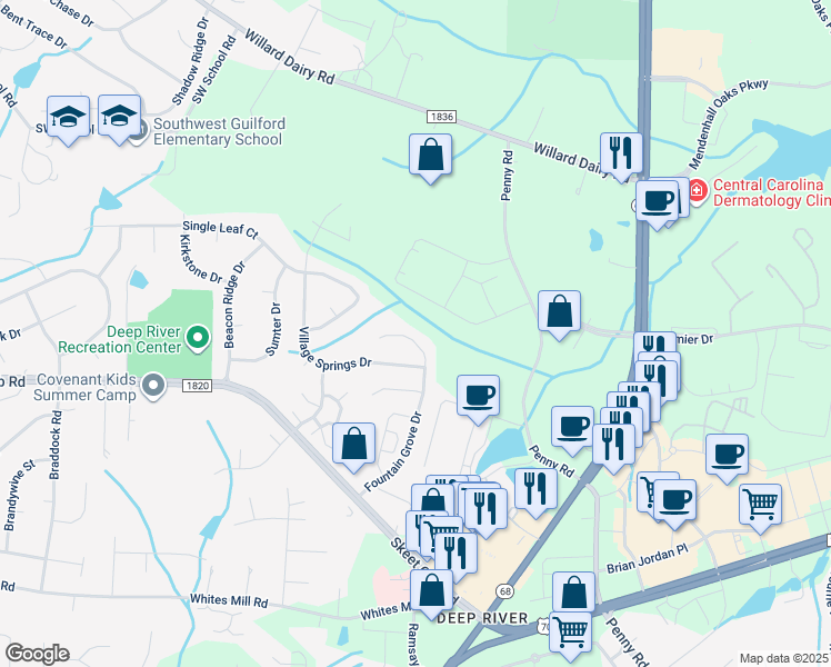 map of restaurants, bars, coffee shops, grocery stores, and more near 4044 Fountain Grove Drive in High Point