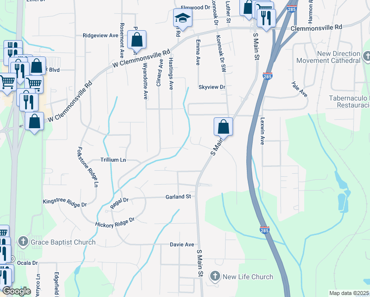 map of restaurants, bars, coffee shops, grocery stores, and more near Kona Drive in Winston-Salem