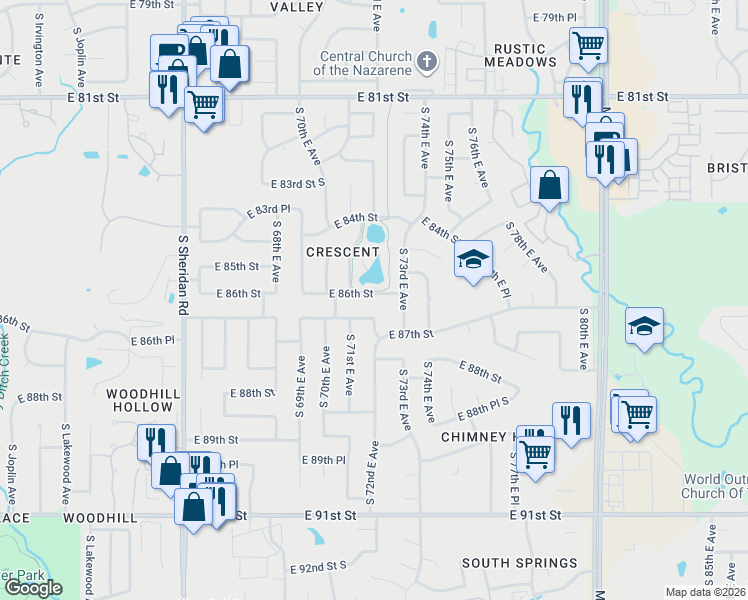 map of restaurants, bars, coffee shops, grocery stores, and more near 7111 East 86th Street in Tulsa