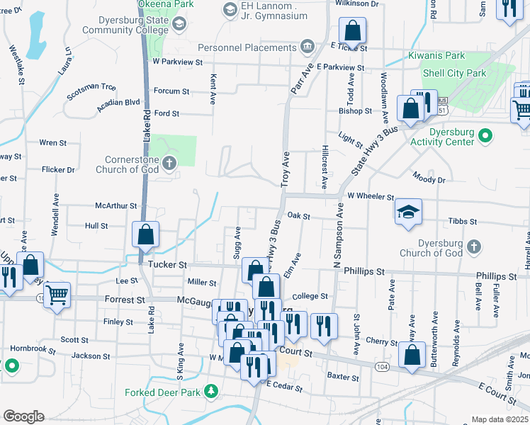 map of restaurants, bars, coffee shops, grocery stores, and more near 123 Watkins Street in Dyersburg