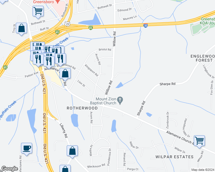 map of restaurants, bars, coffee shops, grocery stores, and more near 2040 Willow Road in Greensboro