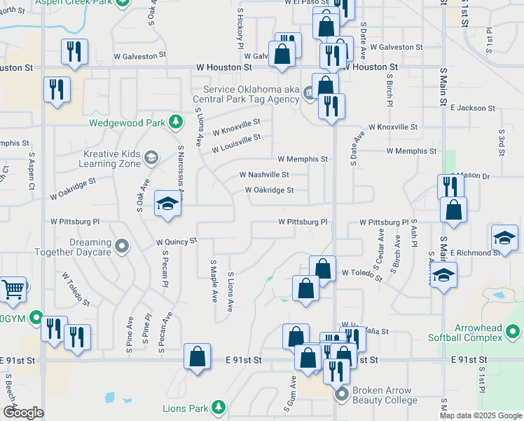map of restaurants, bars, coffee shops, grocery stores, and more near 1022 West Pittsburg Place in Broken Arrow