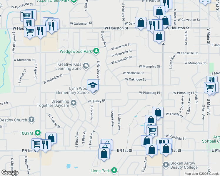 map of restaurants, bars, coffee shops, grocery stores, and more near 1322 West Pittsburg Place in Broken Arrow