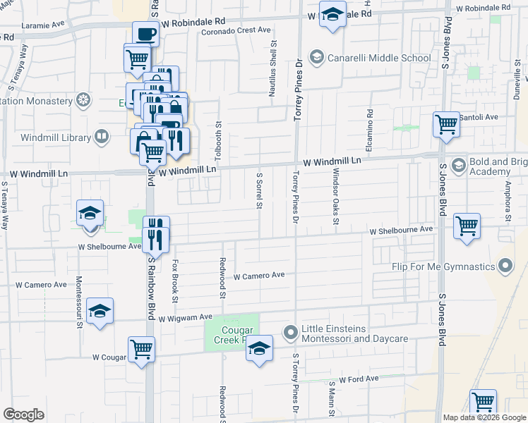 map of restaurants, bars, coffee shops, grocery stores, and more near 8228 Sorrel Street in Las Vegas