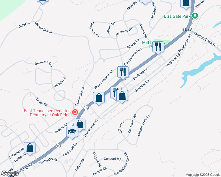 map of restaurants, bars, coffee shops, grocery stores, and more near 382 Oak Ridge Turnpike in Oak Ridge