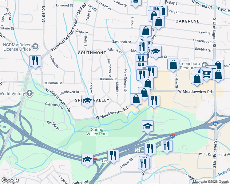 map of restaurants, bars, coffee shops, grocery stores, and more near 2503 Atlanta Street in Greensboro