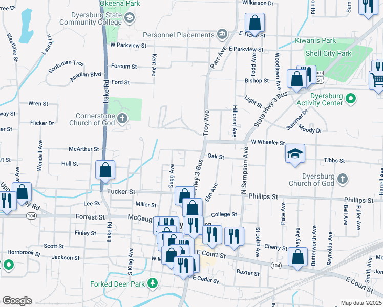 map of restaurants, bars, coffee shops, grocery stores, and more near 123 Watkins Street in Dyersburg