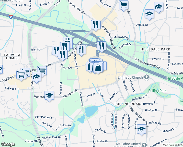 map of restaurants, bars, coffee shops, grocery stores, and more near 100 4 Seasons Town Center Ent in Greensboro