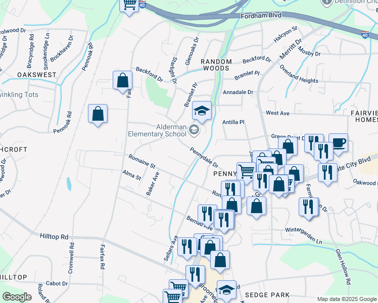 map of restaurants, bars, coffee shops, grocery stores, and more near 4405 Pennydale Drive in Greensboro