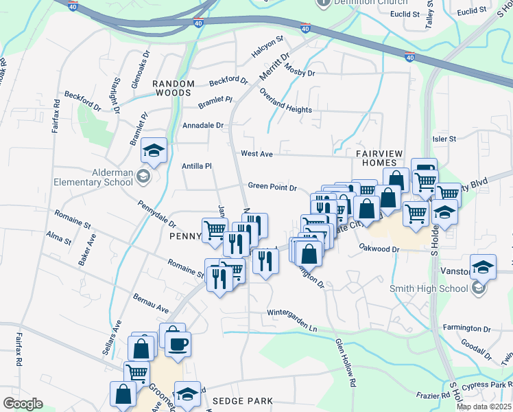 map of restaurants, bars, coffee shops, grocery stores, and more near 2115 Merritt Drive in Greensboro