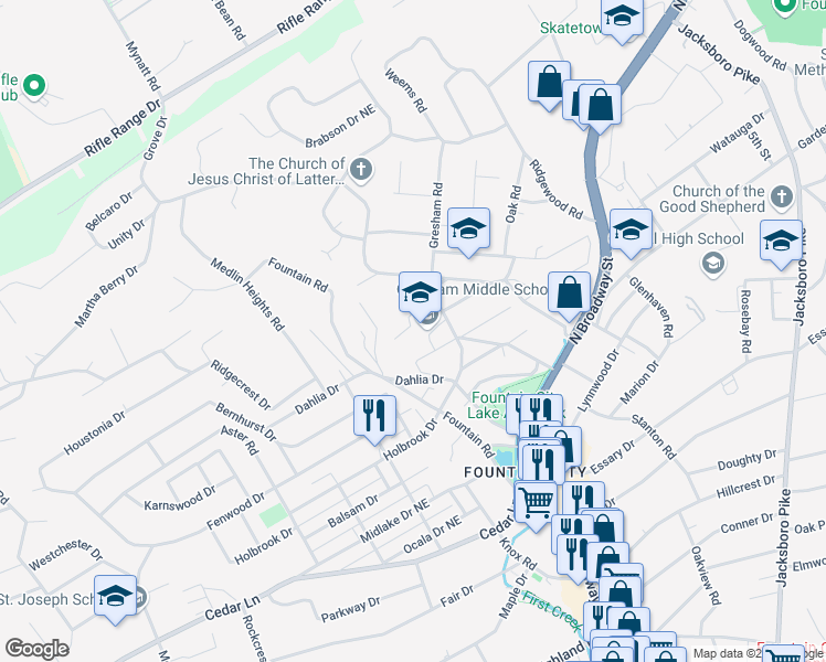 map of restaurants, bars, coffee shops, grocery stores, and more near 500 Gresham Road in Knoxville