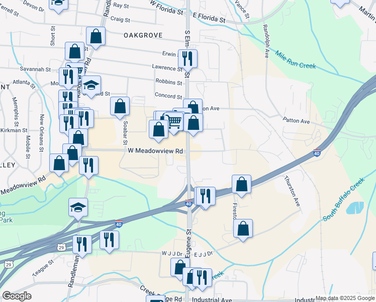 map of restaurants, bars, coffee shops, grocery stores, and more near S Elm-Eugene St & W Meadowview Rd in Greensboro
