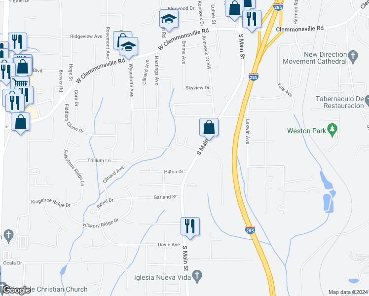 map of restaurants, bars, coffee shops, grocery stores, and more near 18 Carnes Road Southwest in Winston-Salem