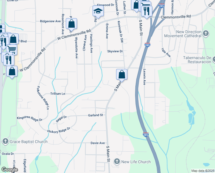 map of restaurants, bars, coffee shops, grocery stores, and more near 18 Carnes Road Southwest in Winston-Salem