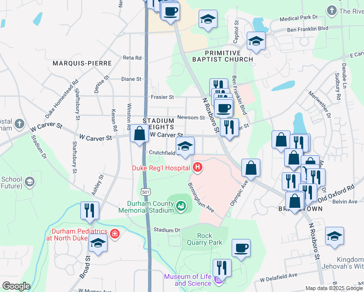 map of restaurants, bars, coffee shops, grocery stores, and more near 3707 Crabtree Avenue in Durham