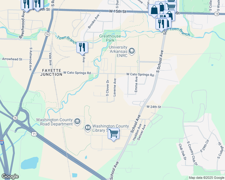 map of restaurants, bars, coffee shops, grocery stores, and more near 2248 South Clover Drive in Fayetteville