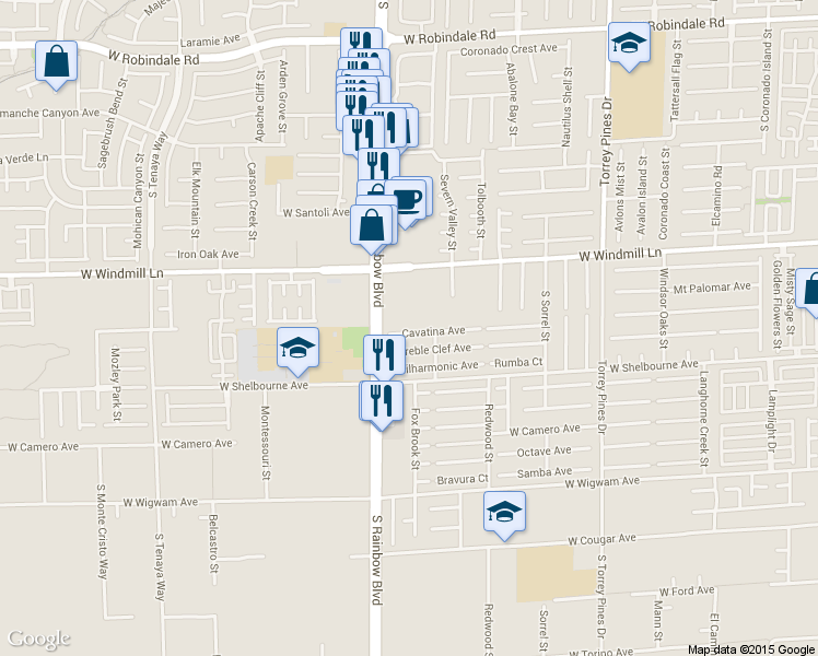 map of restaurants, bars, coffee shops, grocery stores, and more near 6847 Cavatina Avenue in Las Vegas