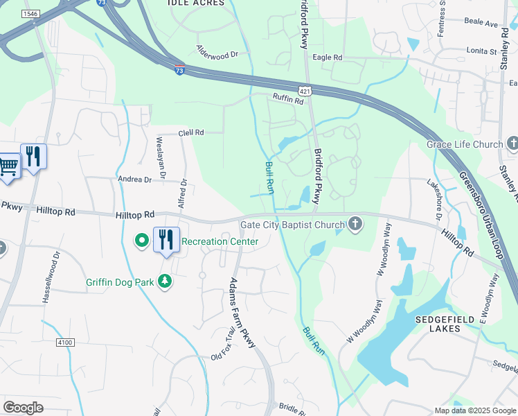 map of restaurants, bars, coffee shops, grocery stores, and more near 19 Country Walk Lane in Greensboro