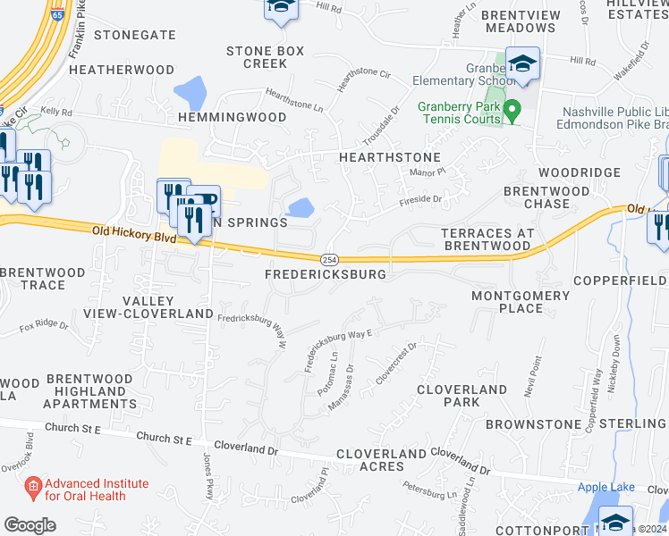 map of restaurants, bars, coffee shops, grocery stores, and more near 641 Old Hickory Boulevard in Brentwood