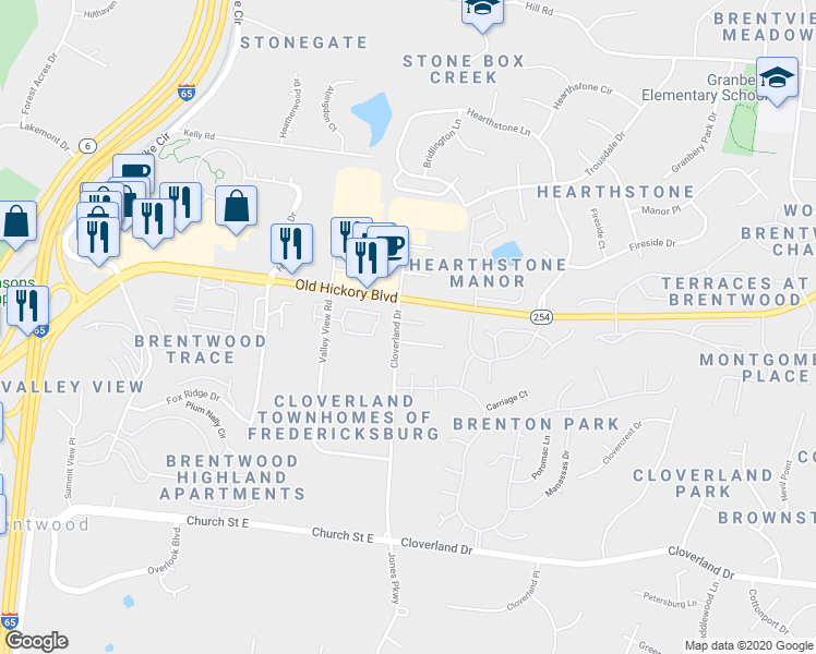 map of restaurants, bars, coffee shops, grocery stores, and more near 909 Brenton Park Court in Brentwood