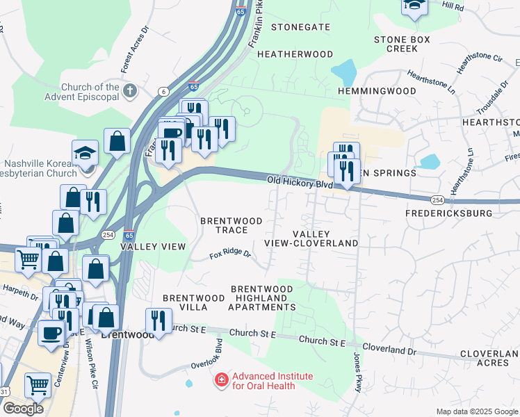 map of restaurants, bars, coffee shops, grocery stores, and more near 5777 Brentwood Trace in Brentwood