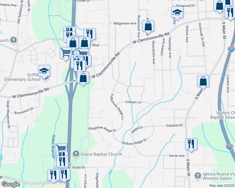 map of restaurants, bars, coffee shops, grocery stores, and more near 861 Trillium Lane in Winston-Salem