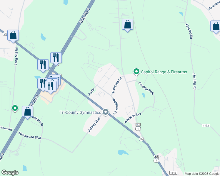 map of restaurants, bars, coffee shops, grocery stores, and more near 800 Hampton Lane in Youngsville