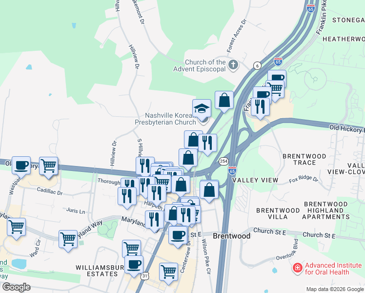 map of restaurants, bars, coffee shops, grocery stores, and more near 5605 Franklin Pike Circle in Brentwood