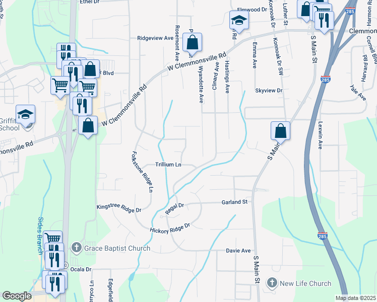 map of restaurants, bars, coffee shops, grocery stores, and more near 765 Twickenham Lane in Winston-Salem