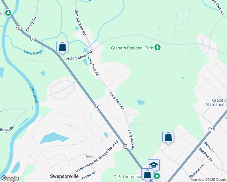 map of restaurants, bars, coffee shops, grocery stores, and more near 2106 Long Dairy Road in Graham