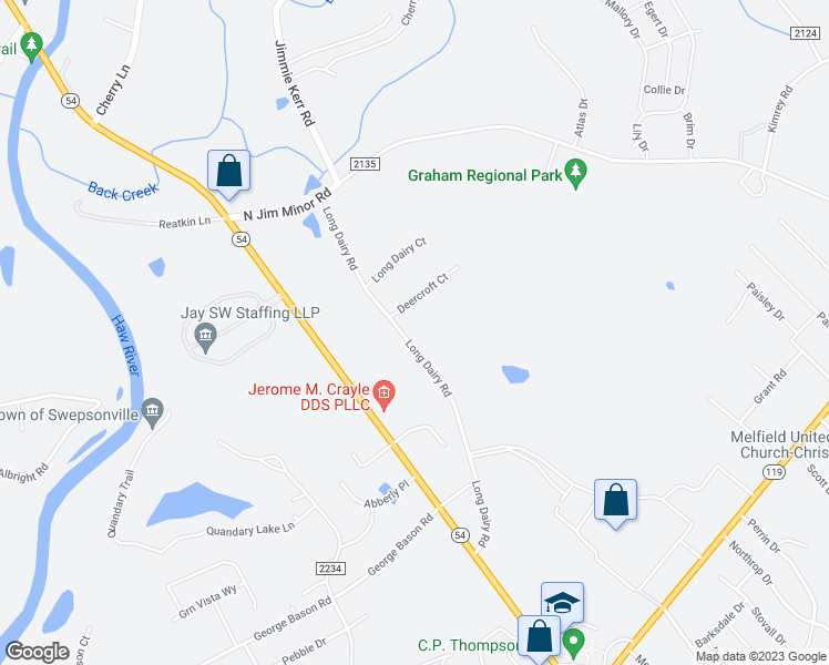map of restaurants, bars, coffee shops, grocery stores, and more near 2106 Long Dairy Road in Graham