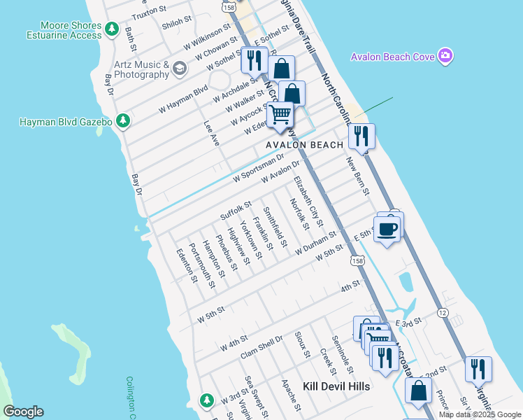 map of restaurants, bars, coffee shops, grocery stores, and more near 2034 Franklin Street in Kill Devil Hills