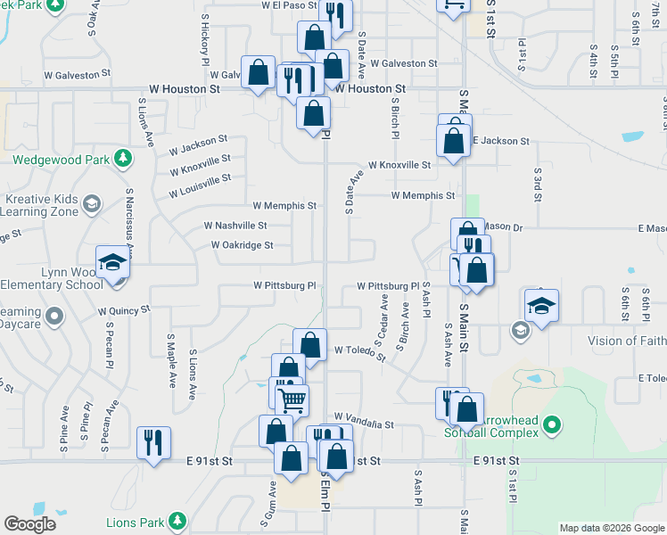 map of restaurants, bars, coffee shops, grocery stores, and more near 702 West Pittsburg Place in Broken Arrow