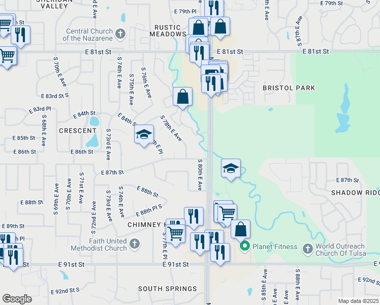 map of restaurants, bars, coffee shops, grocery stores, and more near 7918 East 87th Street in Tulsa