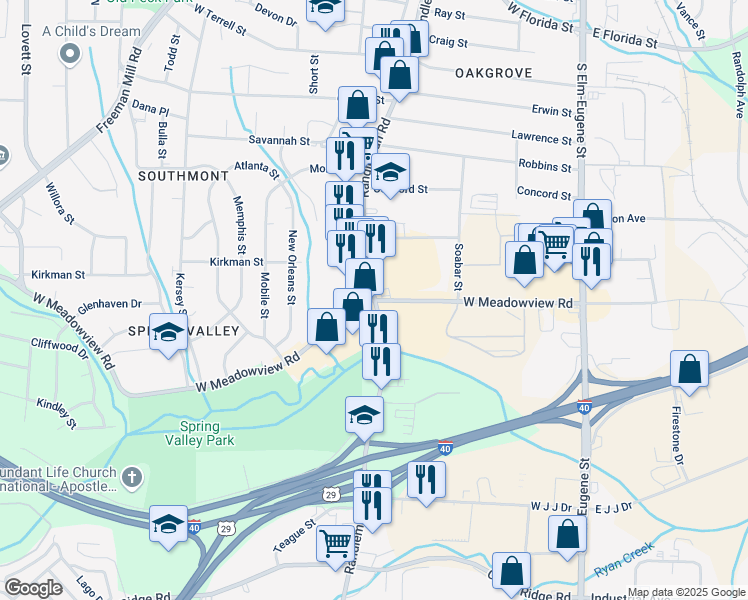 map of restaurants, bars, coffee shops, grocery stores, and more near Randleman Rd & W Meadowview Rd in Greensboro