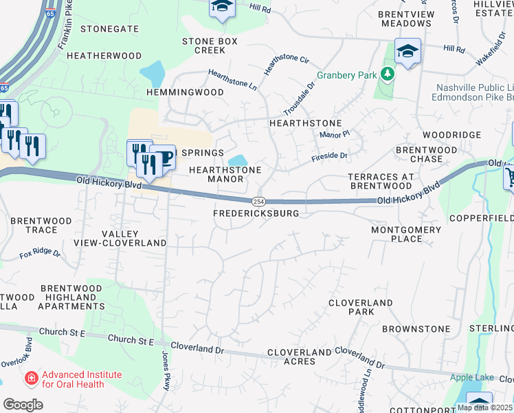map of restaurants, bars, coffee shops, grocery stores, and more near 641 Old Hickory Boulevard in Brentwood