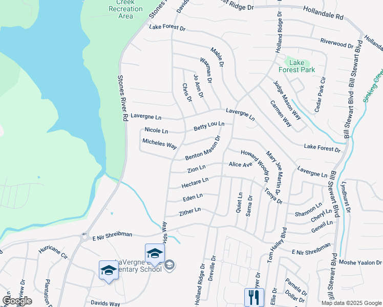 map of restaurants, bars, coffee shops, grocery stores, and more near 1124 Benton Mason Drive in La Vergne