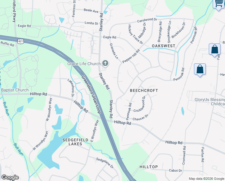 map of restaurants, bars, coffee shops, grocery stores, and more near 2417 Stanley Road in Greensboro