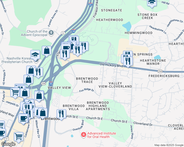 map of restaurants, bars, coffee shops, grocery stores, and more near 5777 Brentwood Trace in Brentwood