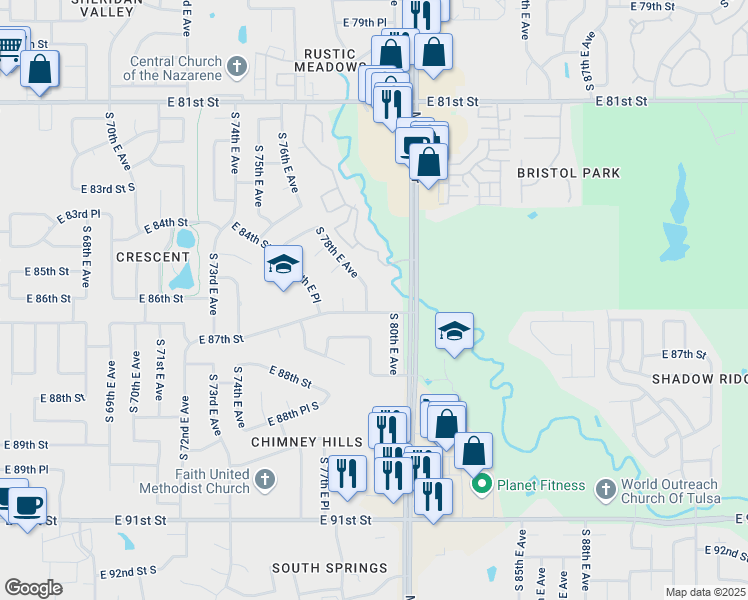 map of restaurants, bars, coffee shops, grocery stores, and more near 7918 East 87th Street in Tulsa