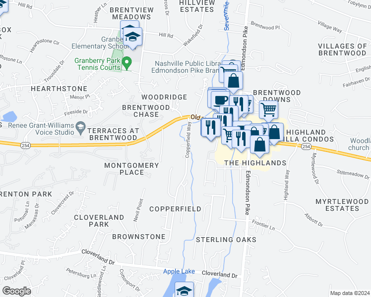 map of restaurants, bars, coffee shops, grocery stores, and more near 1 Todgers Court in Brentwood