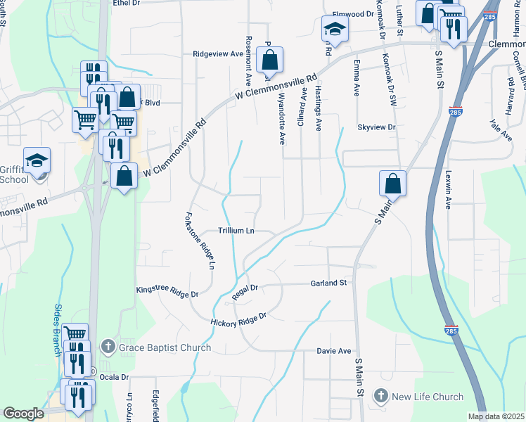 map of restaurants, bars, coffee shops, grocery stores, and more near 765 Twickenham Lane in Winston-Salem